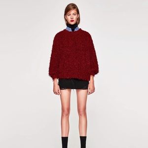 Zara Shaggy Maroon Fringe Pullover Sweater